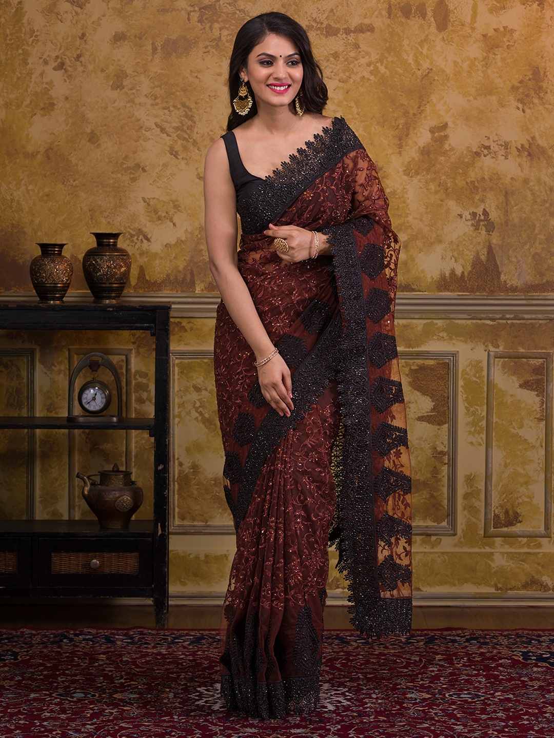 

Koskii Floral Embroidered Embellished Saree, Brown