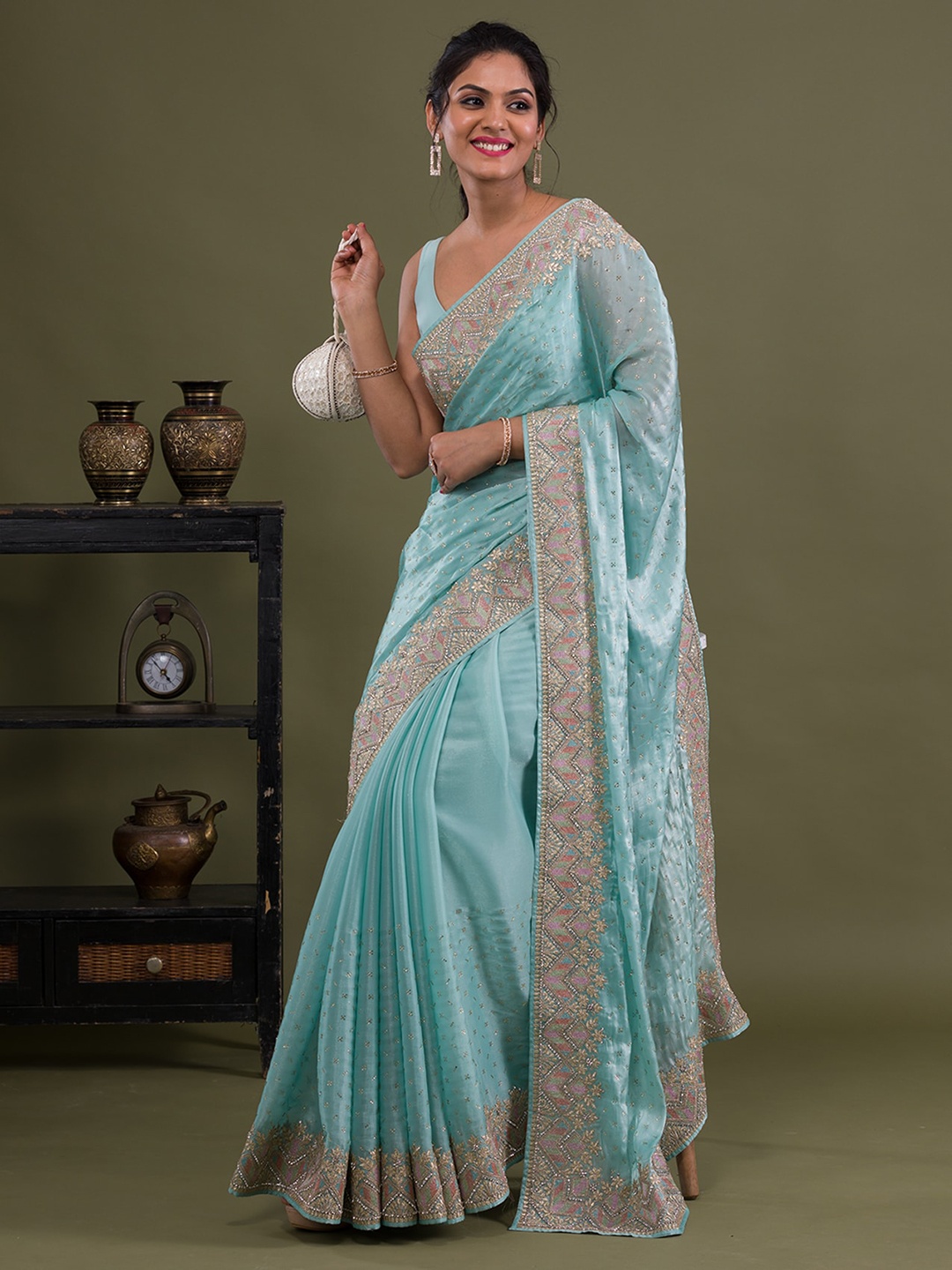 

Koskii Embellished Beads and Stones Satin Saree, Blue