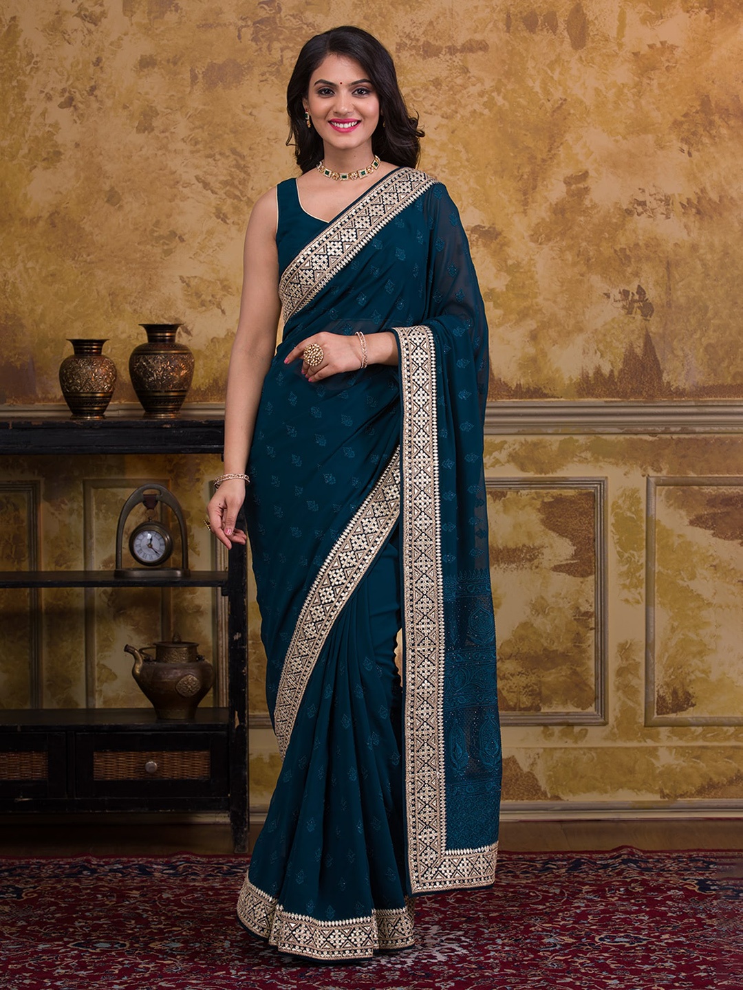 

Koskii Sheer Floral Embroidered Beads and Stones Gotapatti Saree, Blue