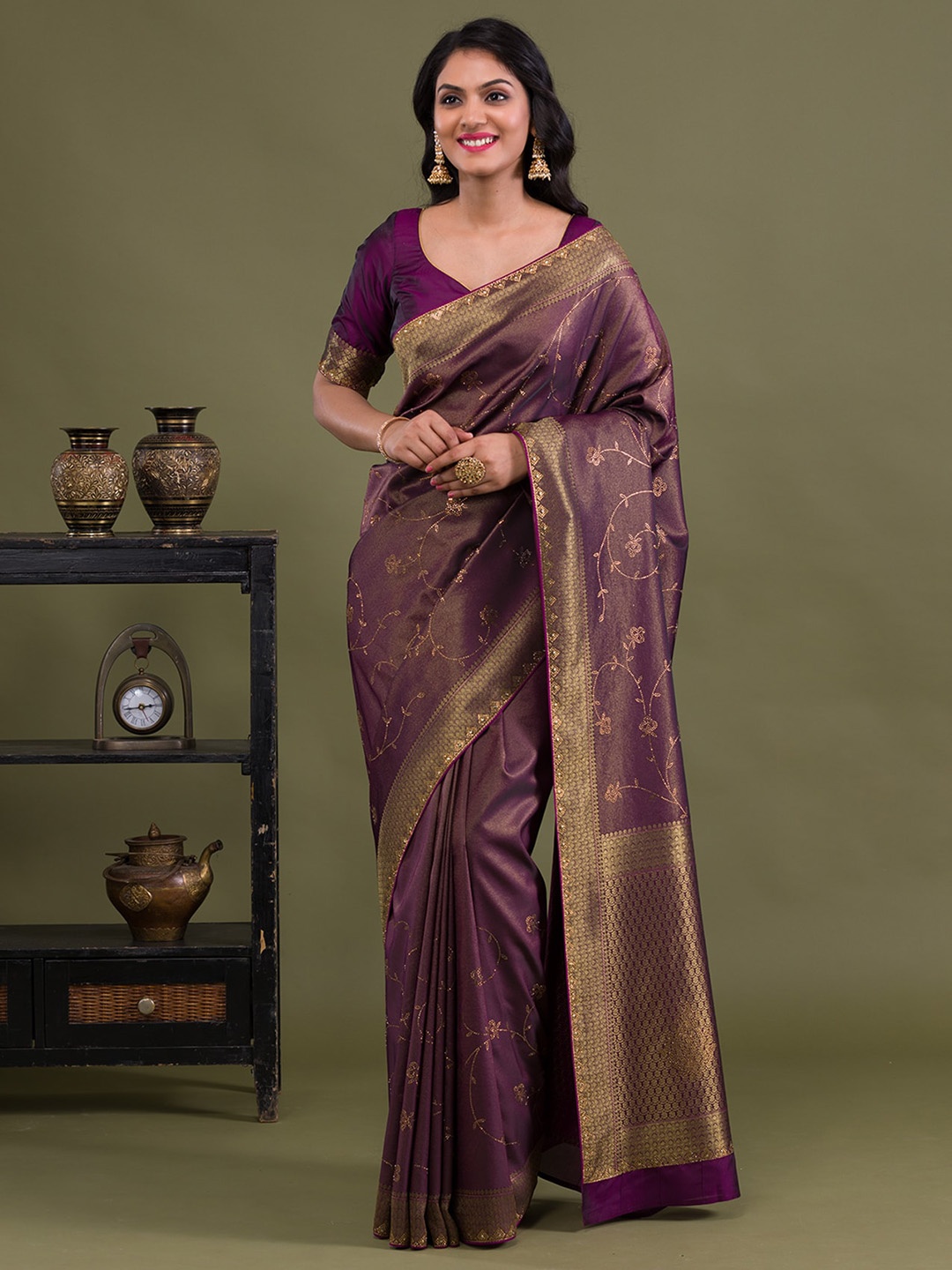

Koskii Floral Woven Design Zari Brocade Banarasi Saree, Purple
