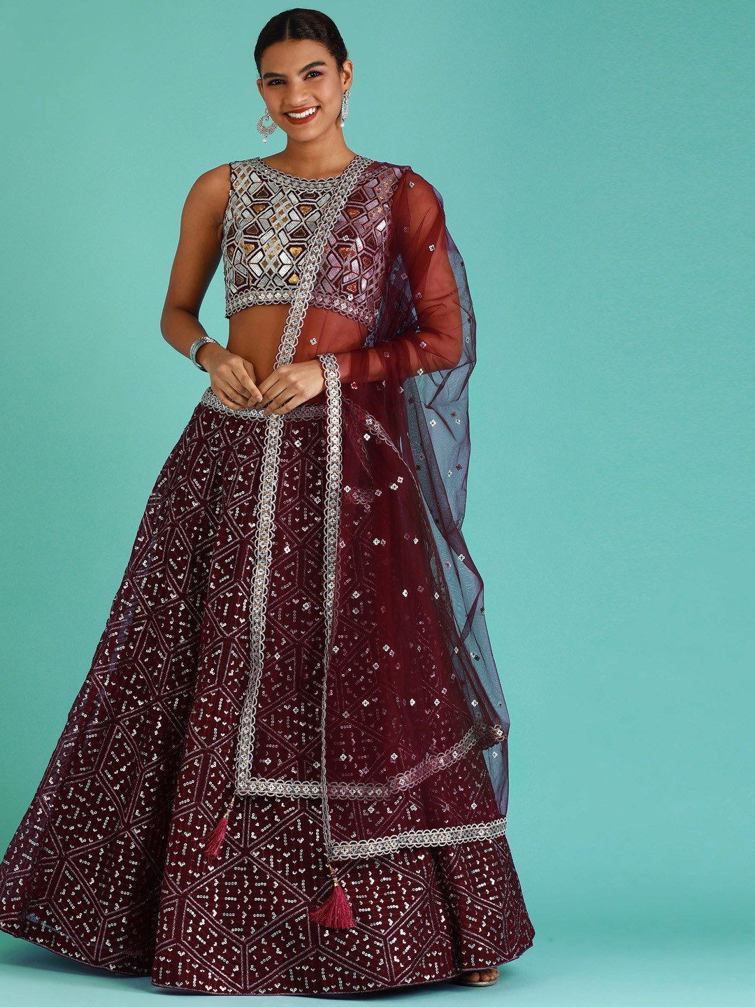 

panchhi Embellished Sequinned Semi-Stitched Lehenga & Unstitched Blouse With Dupatta, Burgundy