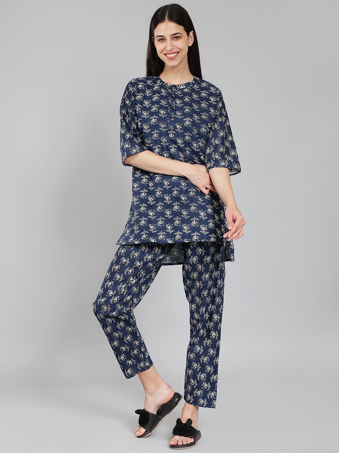 

LacyLook Floral Printed Pure Cotton Night Suit, Navy blue
