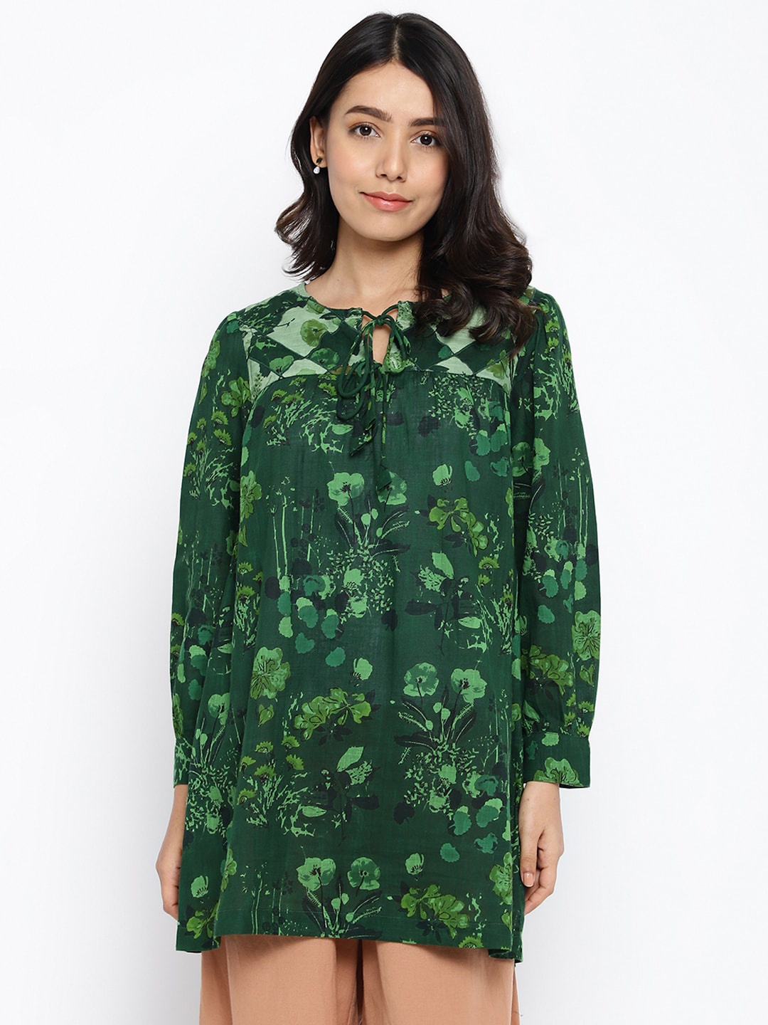 

Fabindia Floral Printed Tie Up Neck Cotton Tunic, Green