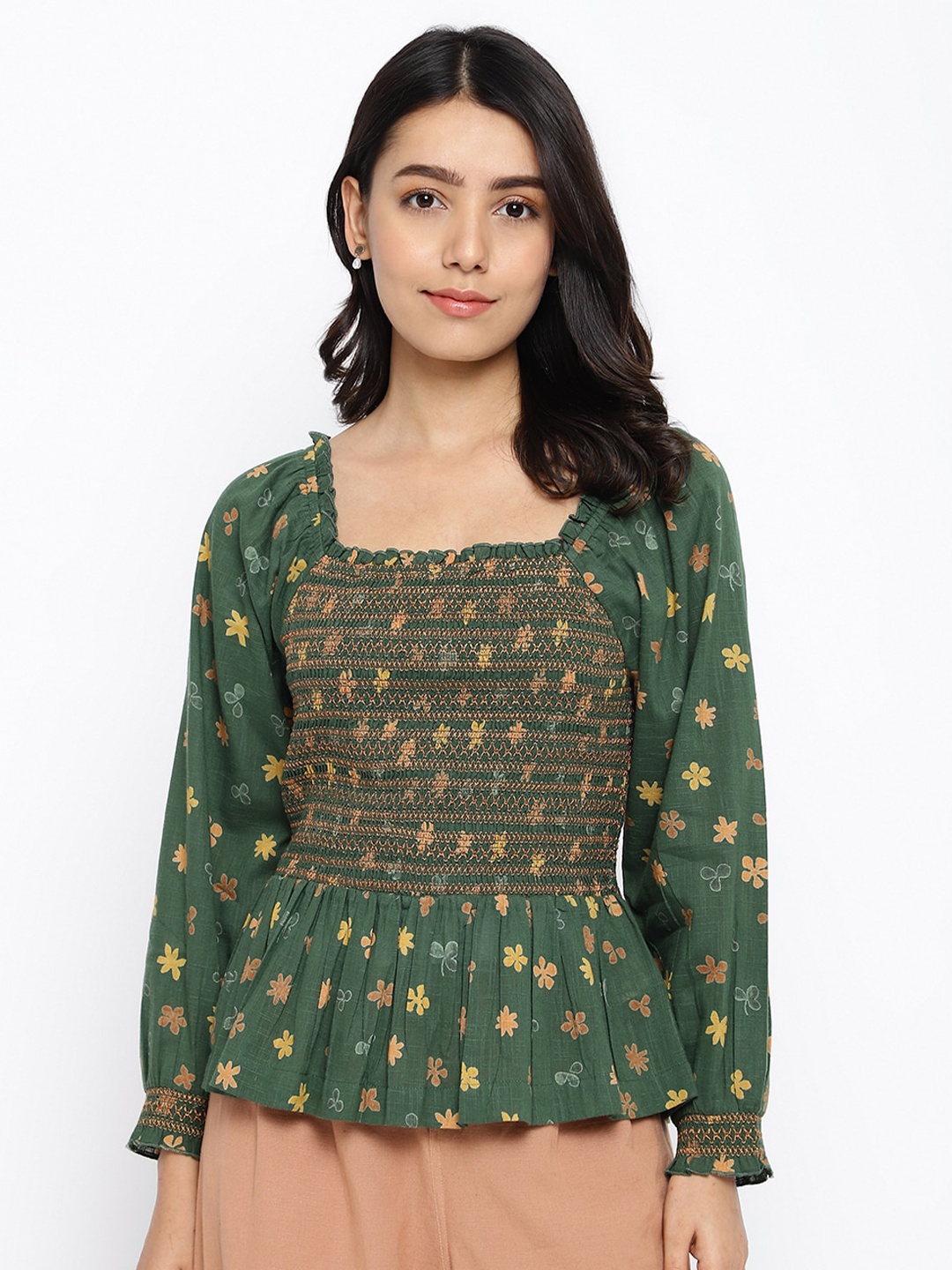 

Fabindia Floral Print Square Neck Smocked Cotton Peplum Top, Green