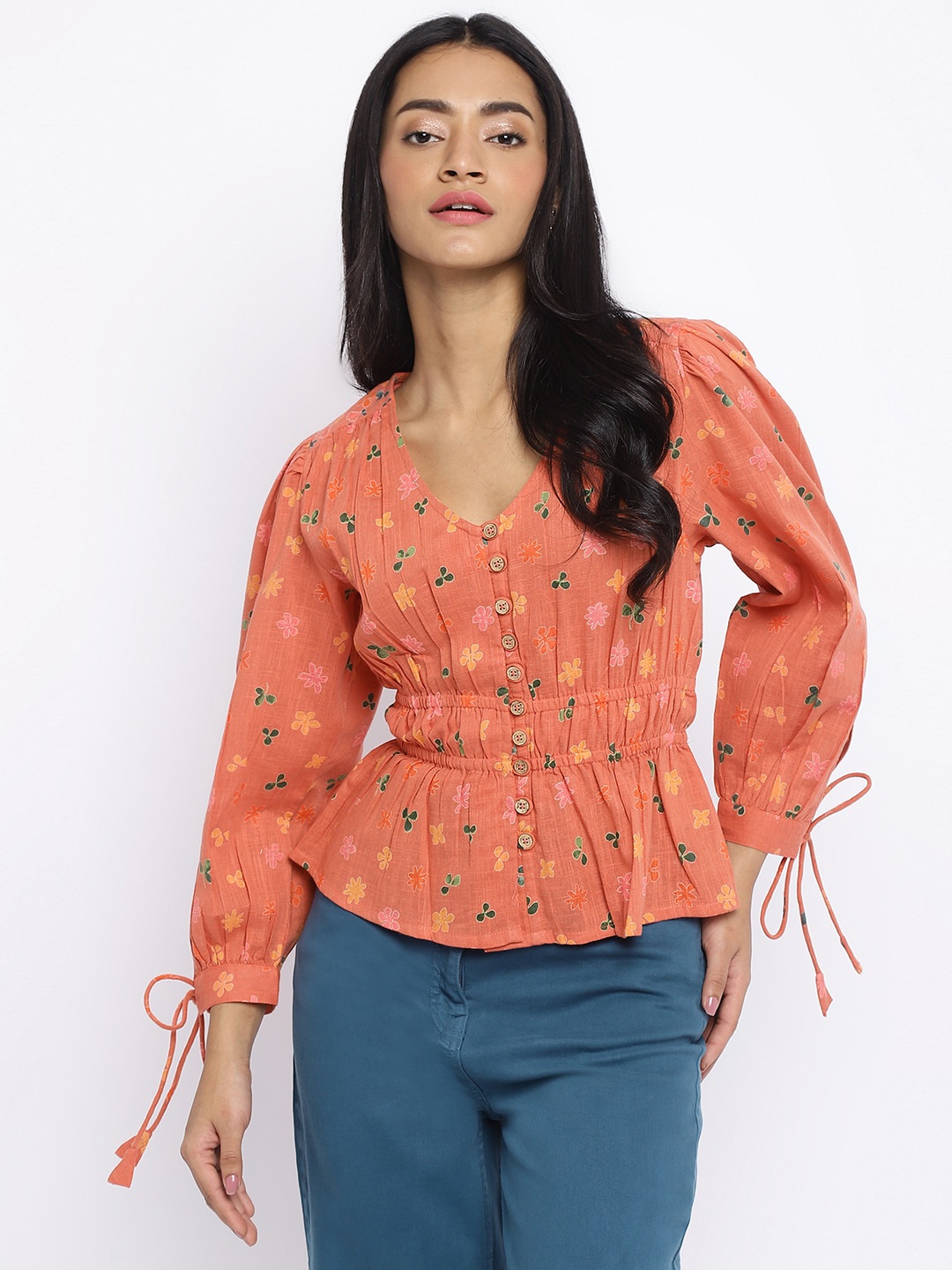 

Fabindia Floral Printed Cinched Waist Cotton Top, Red