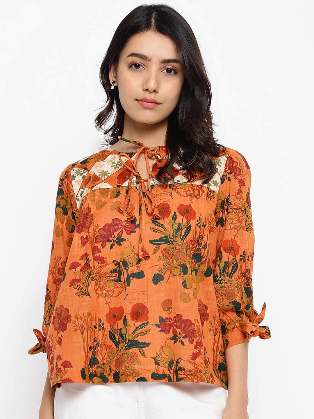 

Fabindia Floral Printed Tie-Up Neck Puff Sleeves Cotton Top, Orange