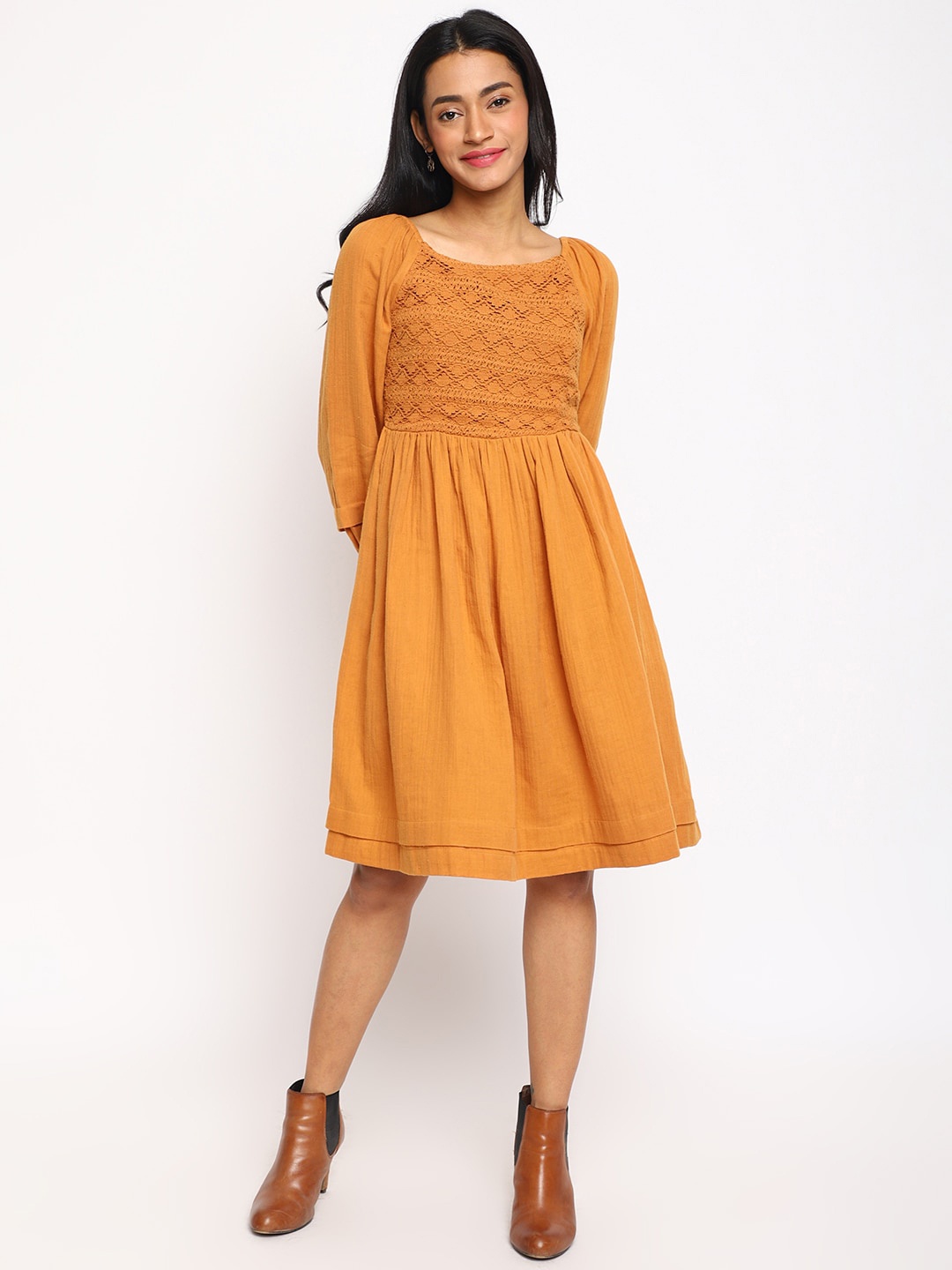 

Fabindia Puff Sleeves Fit and Flare Dress, Brown