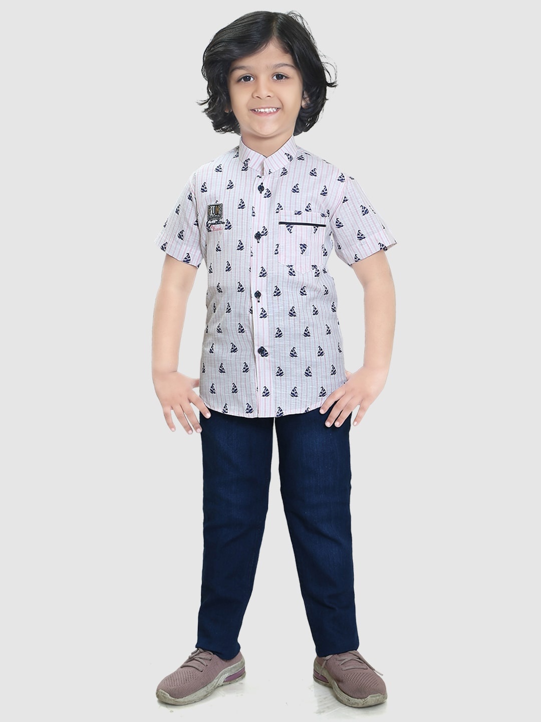 

TS TRENDS Boys Printed Pure Cotton Shirt with Trousers, White