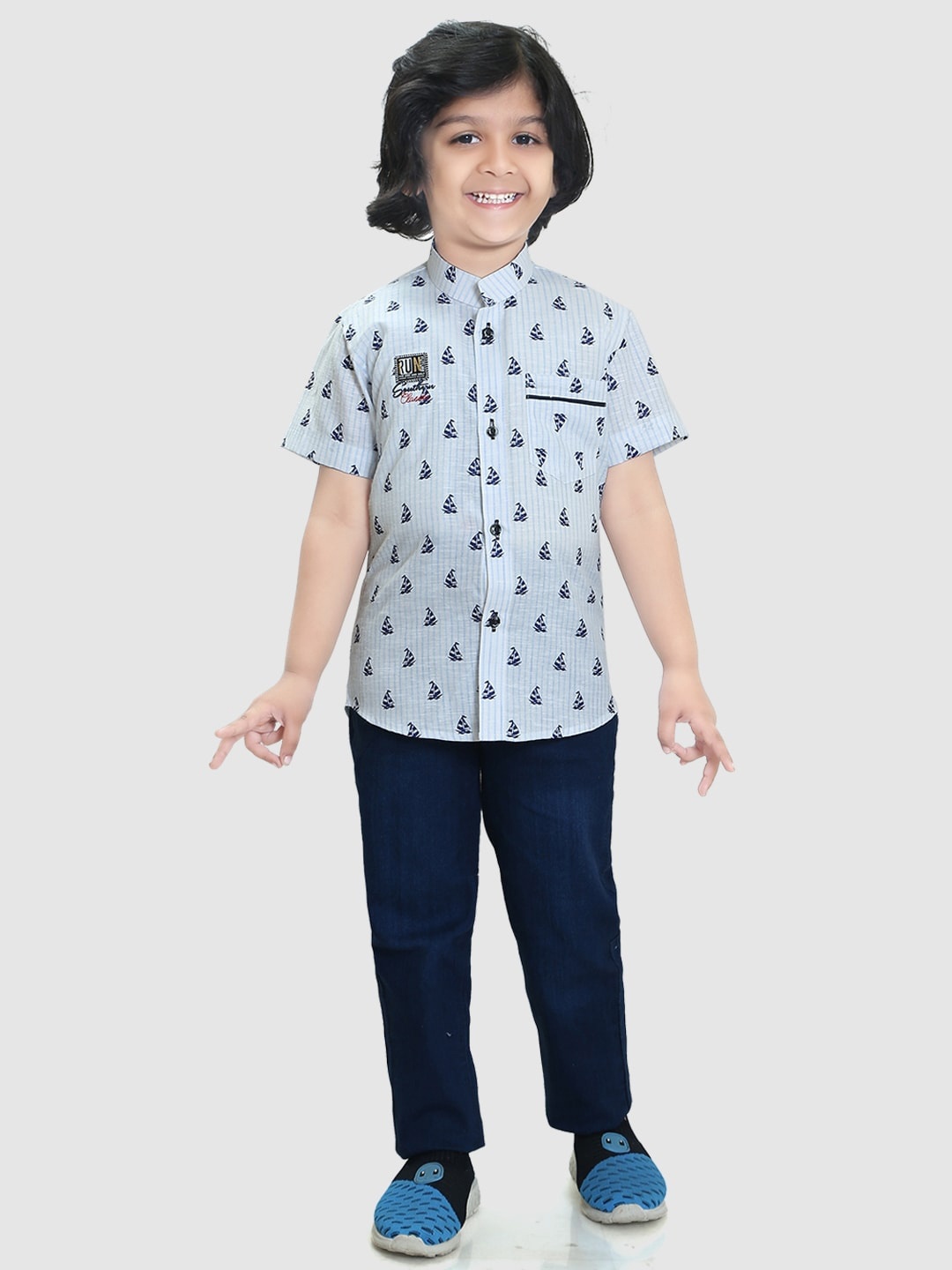

TS TRENDS Boys Printed Pure Cotton Shirt with Trousers, Blue