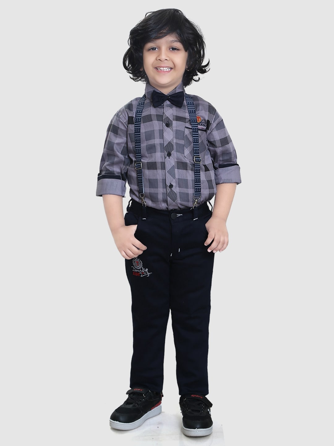 

TS TRENDS Boys Checked Shirt with Trousers With Suspenders, Grey