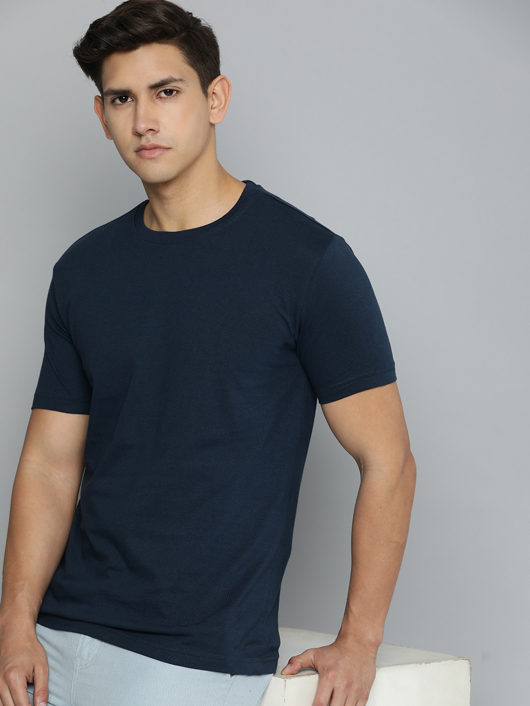 

ether Pure Cotton Round Neck T-shirt, Navy blue