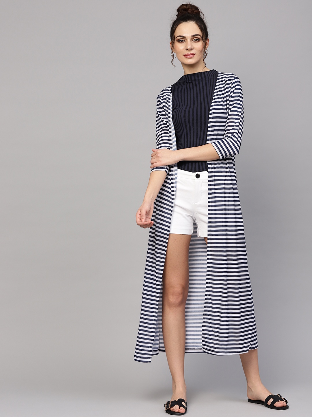 

SASSAFRAS Navy Blue & White Striped Open Front Longline Shrug