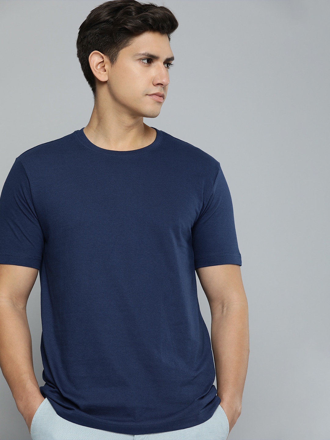 

ether Pure Cotton Round Neck T-shirt, Navy blue