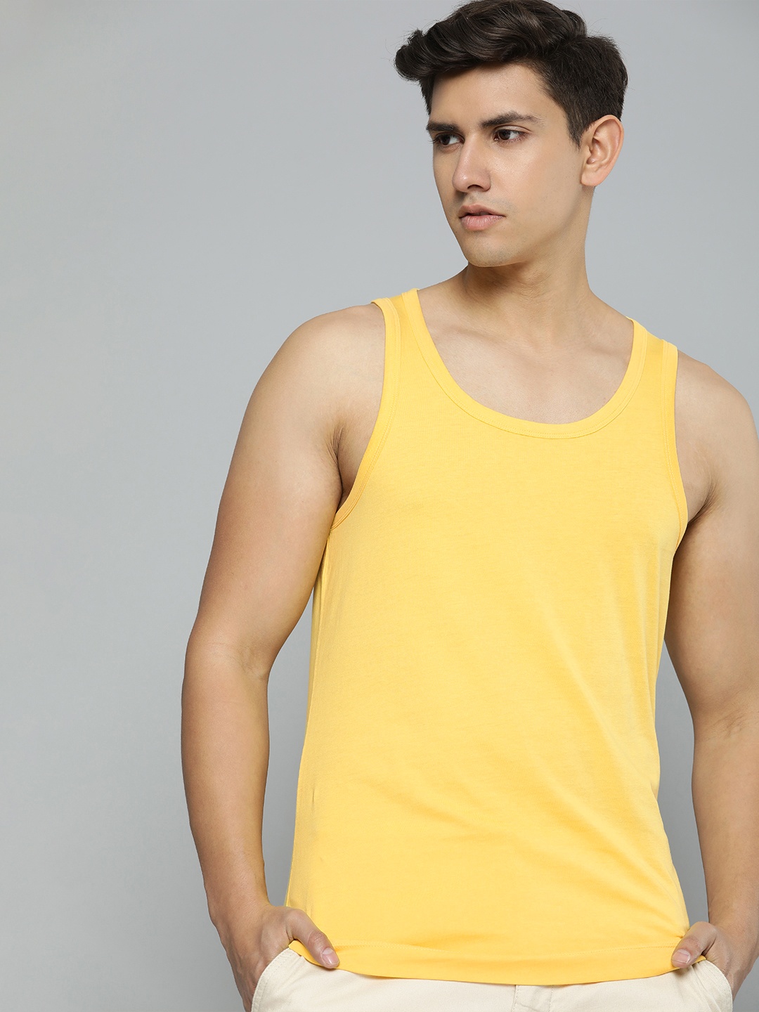 ether Men Solid Regular Fit T-shirt, Yellow