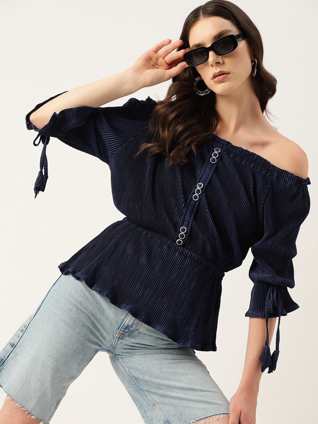 

Kook N Keech Off-Shoulder Bell Sleeve Bardot Top, Navy blue