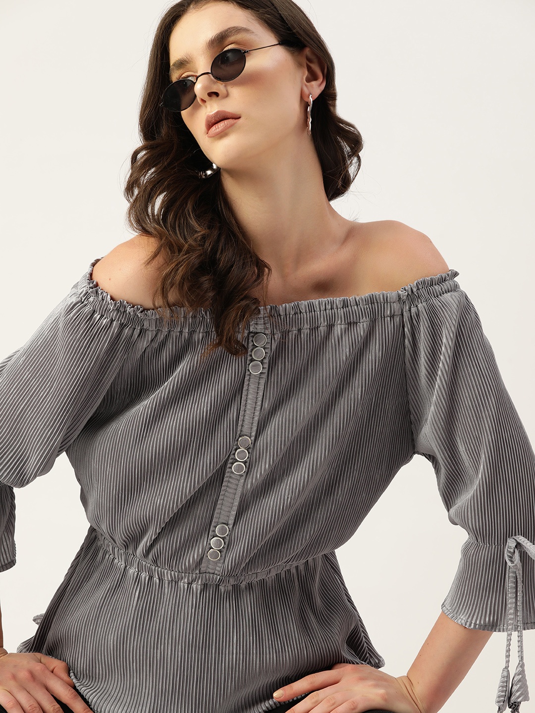 

Kook N Keech Off-Shoulder Bell Sleeve Bardot Top, Grey