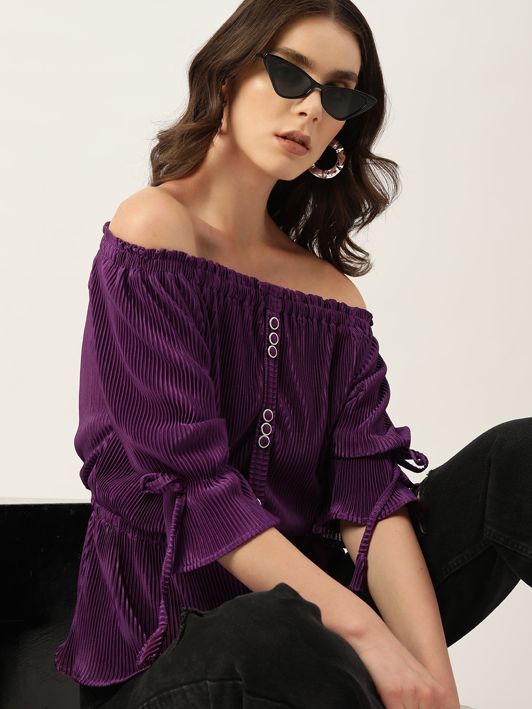 

Kook N Keech Off-Shoulder Bell Sleeve Bardot Top, Violet