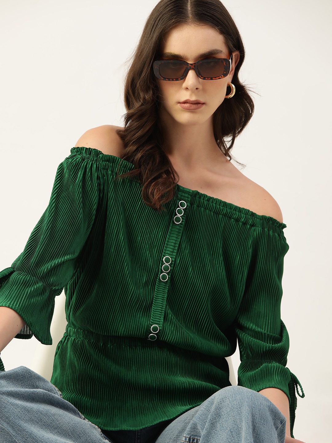 

Kook N Keech Off-Shoulder Bell Sleeve Bardot Top, Green