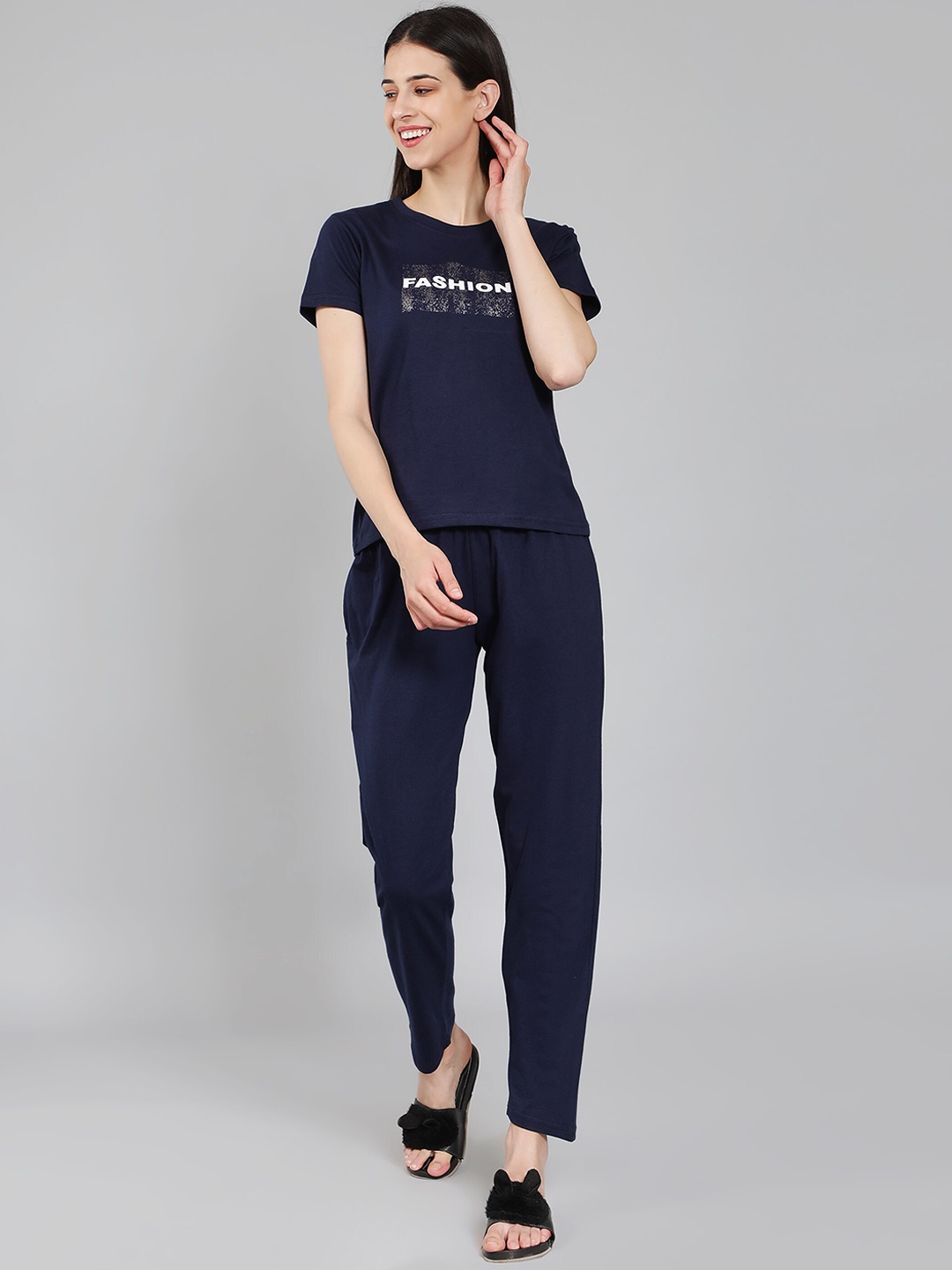 

LacyLook Typography Printed Night Suit, Navy blue
