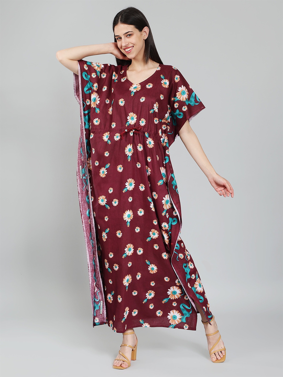 

LacyLook Floral Printed Pure Cotton Kaftan Maxi Nightdress, Burgundy