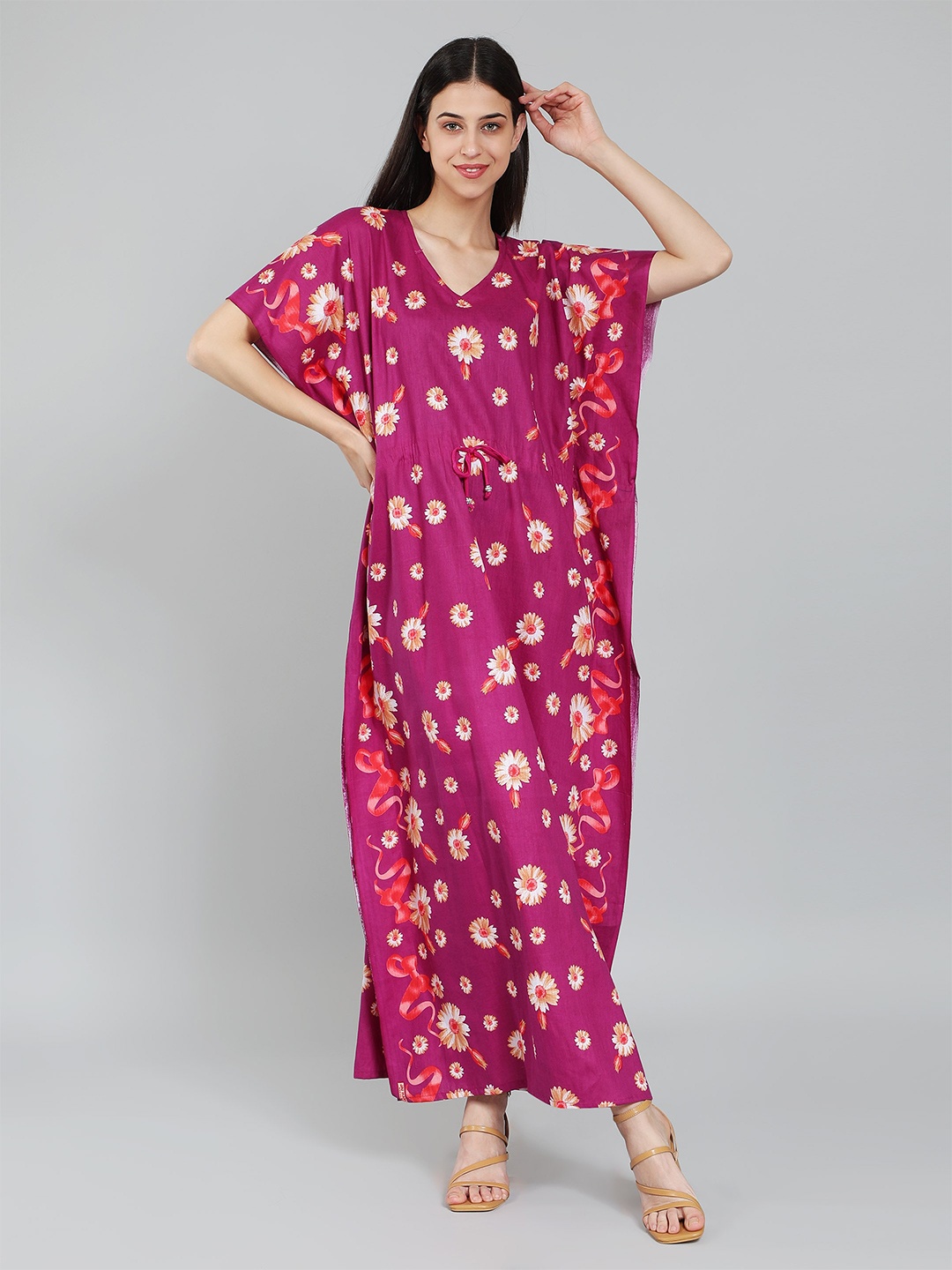 

LacyLook Floral Printed Pure Cotton Kaftan Maxi Nightdress, Purple