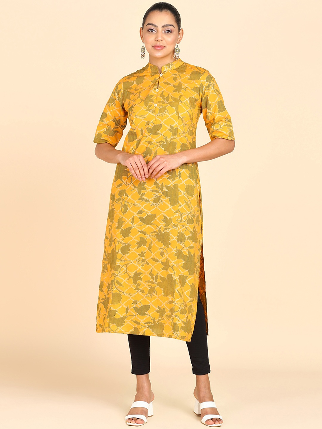 

ZNX Clothing Floral Printed Mandarin Collar Kurta, Yellow