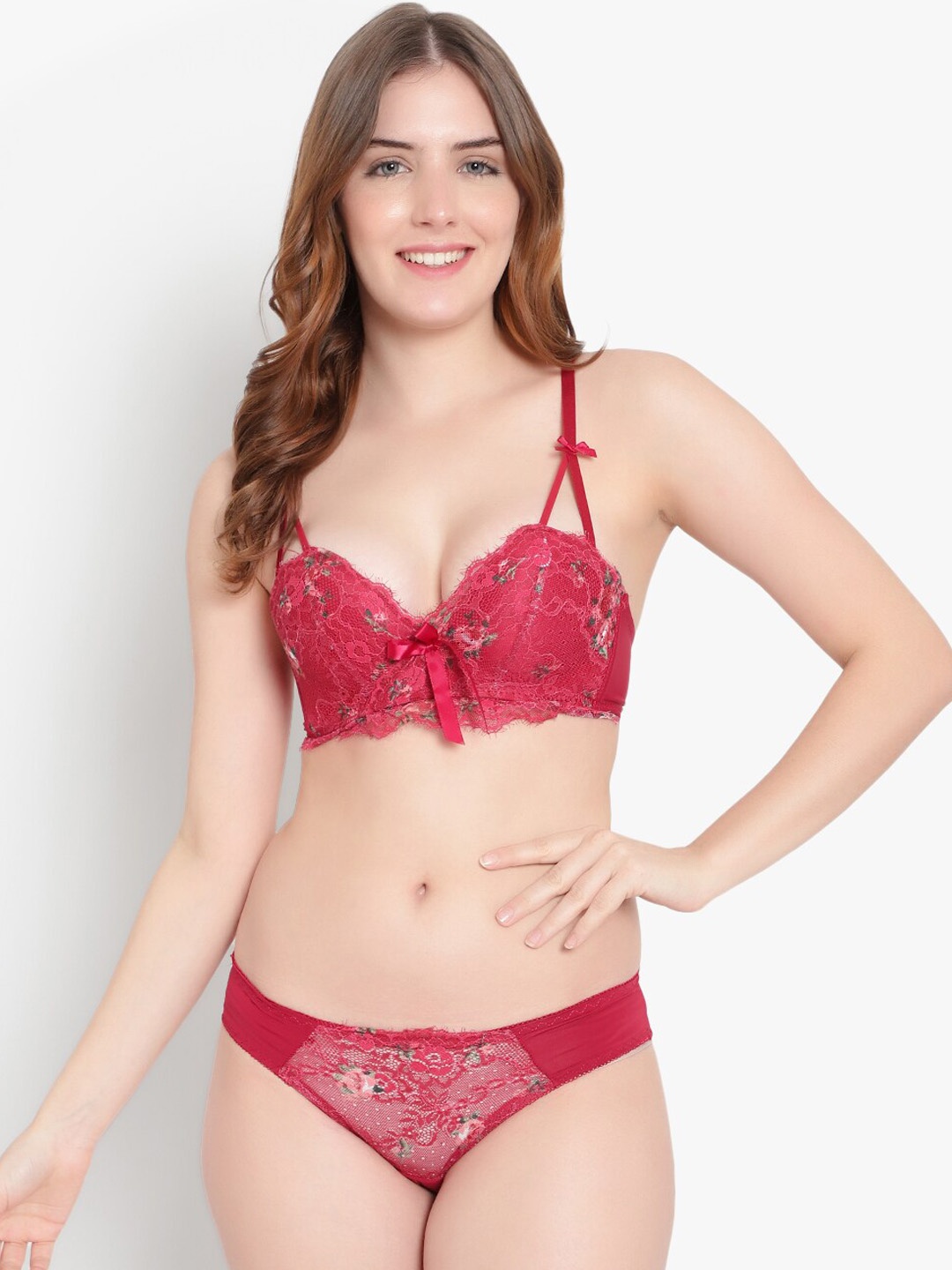 

BRACHY Self Design Lightly Padded Non-Wired Lace Lingerie Set, Red