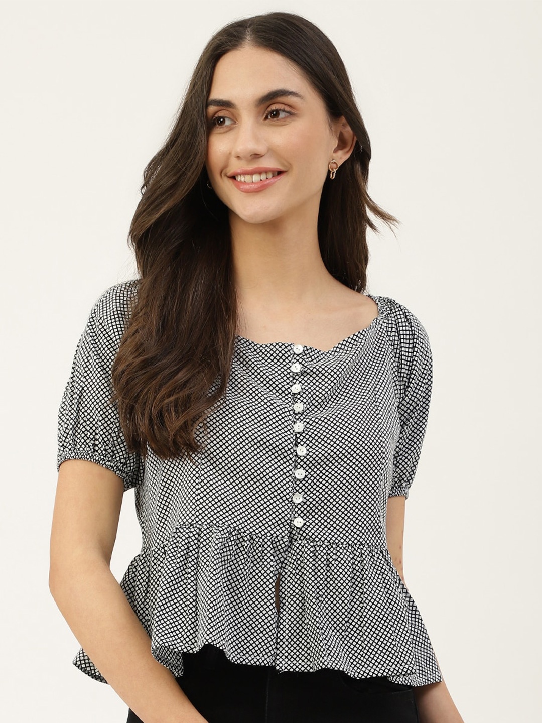 

DECKEDUP Checked Peplum Cotton Top, Black
