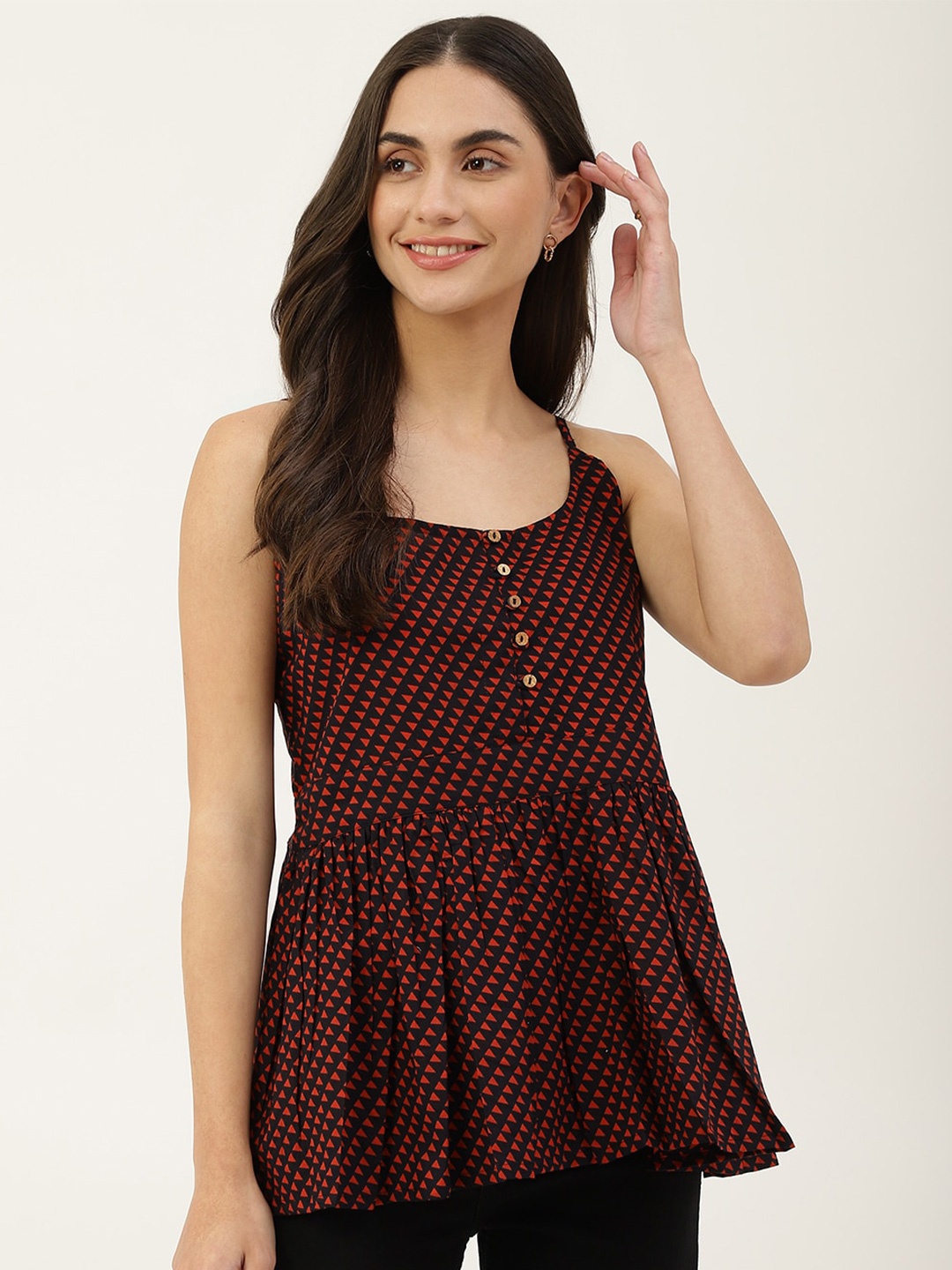 

DECKEDUP Shoulder Straps Geometric Printed Peplum Cotton Top, Black