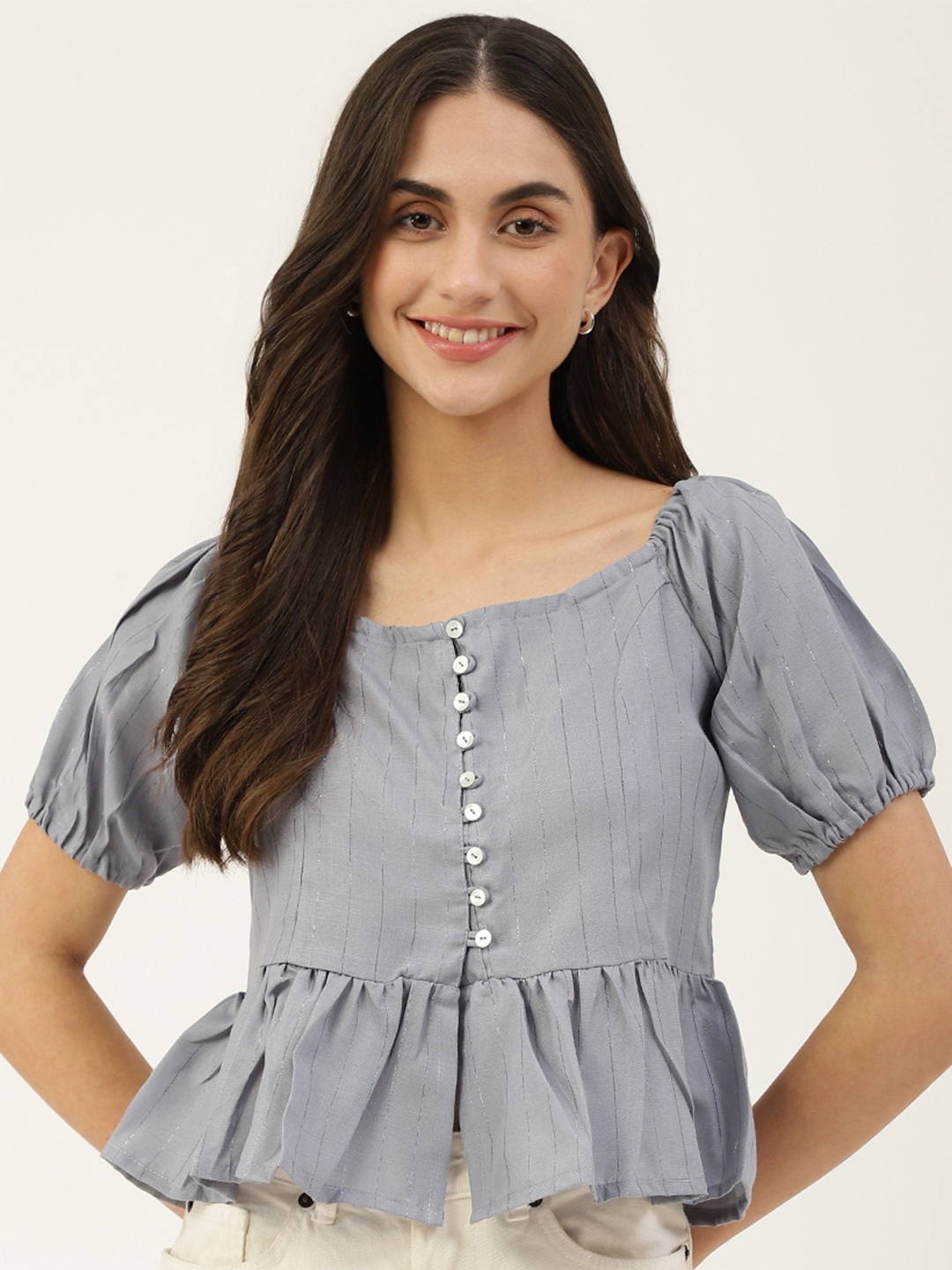 

DECKEDUP Vertical Striped Peplum Top, Blue