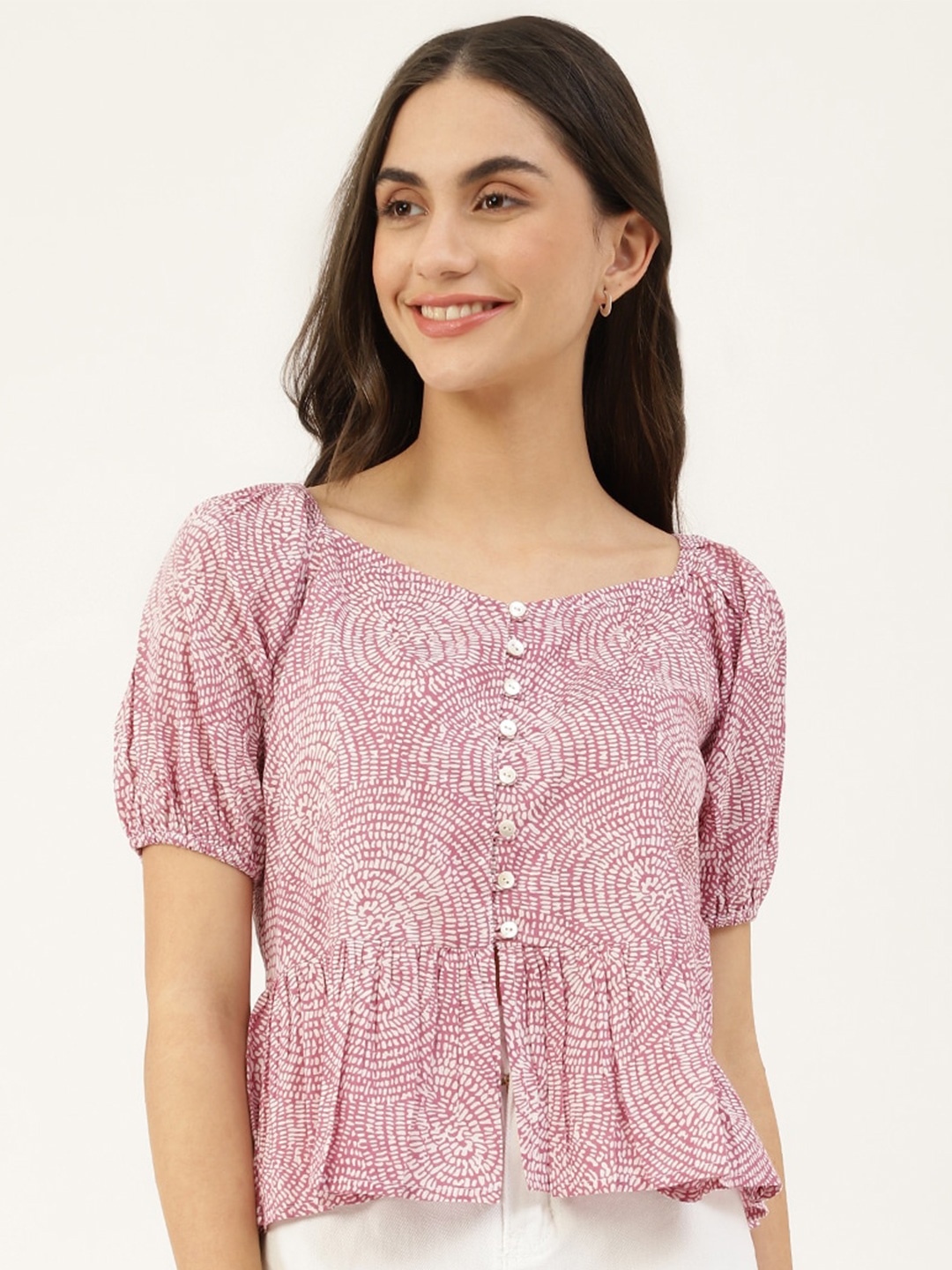 

DECKEDUP Printed Puff Sleeves Peplum Cotton Top, Purple