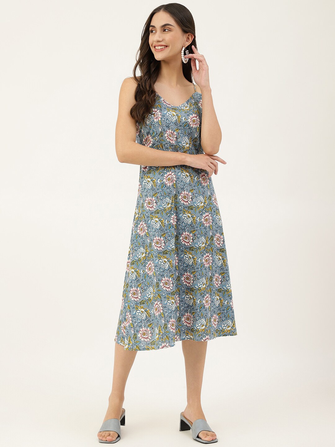 

DECKEDUP Cotton Floral Printed A-Line Midi Dress, Blue