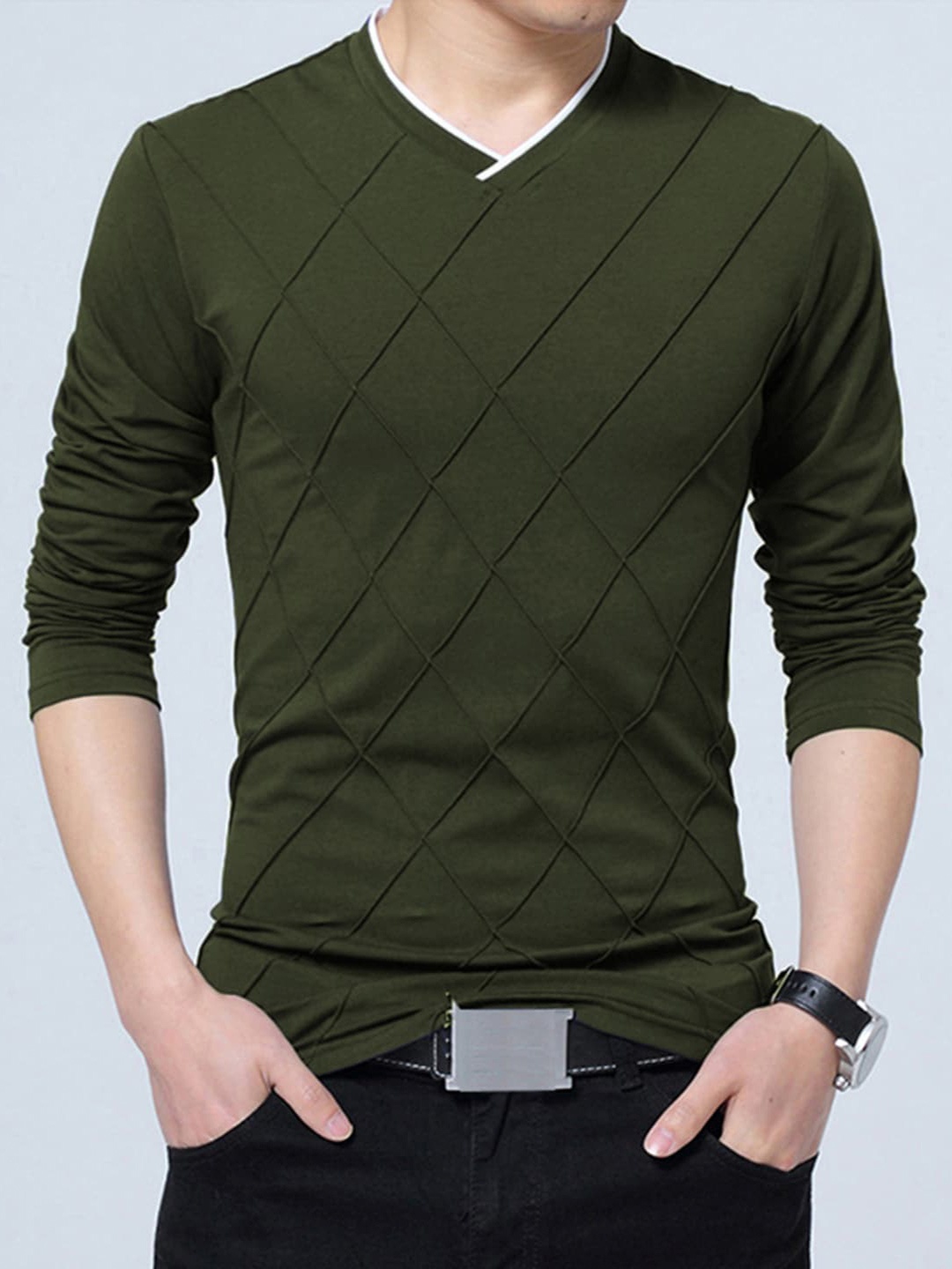 

CLAFOUTIS Self Design V-neck Long Sleeve Cotton T-shirt, Olive