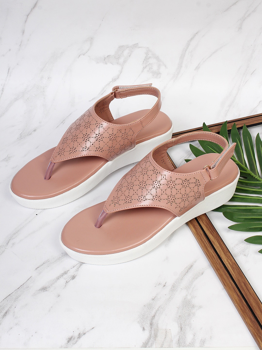 

DressBerry Women Textured Open Toe Flats With Laser Cuts, Nude