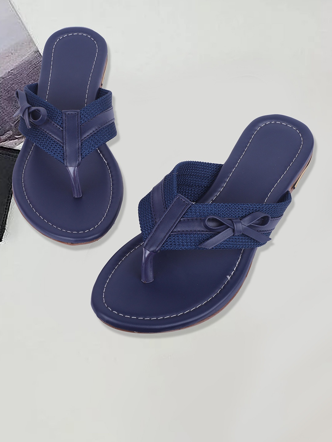 

FABBMATE Women Woven Design Flats With Bows, Navy blue