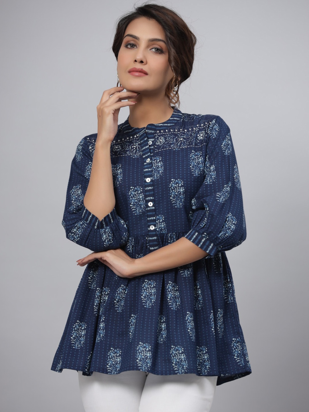 

Juniper Mandarin Collar Floral Printed Indigo Peplum Cotton Tunic, Blue