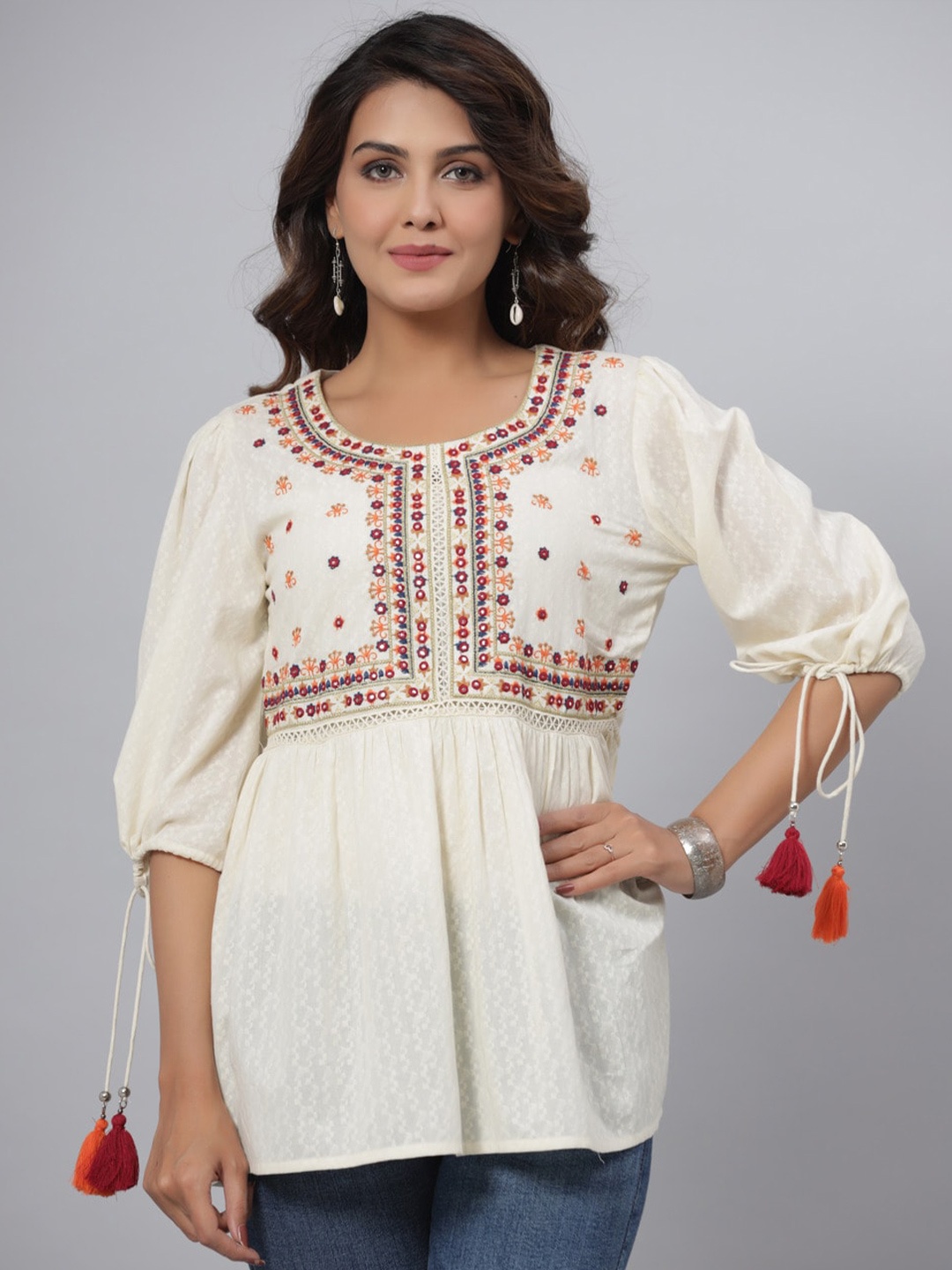 

Juniper Floral Embroidered Gathers Cotton Tunic Tie Up Detail, Off white