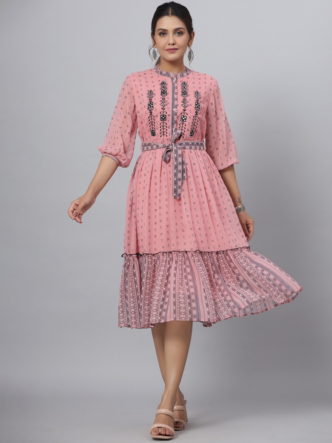 

Juniper Embroidered Georgette Fit and Flare Ethnic Dresses, Peach