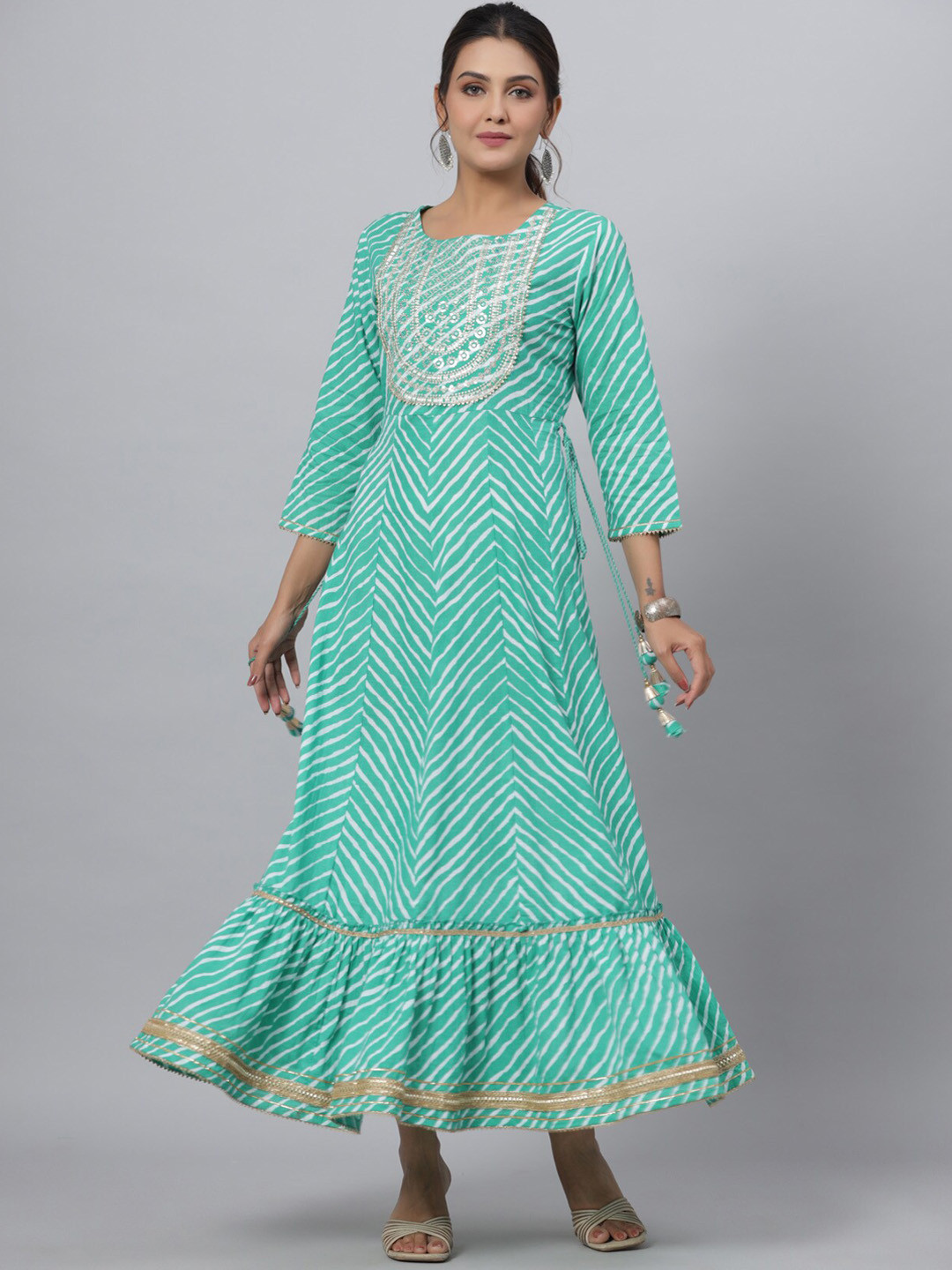 

Juniper Embroidered Cotton A-Line Ethnic Dress, Sea green