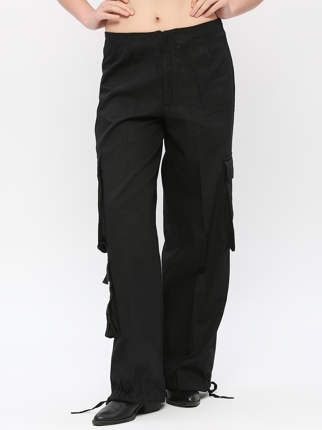 

Remanika Women Comfort Easy Wash Cotton Cargos Trousers, Black