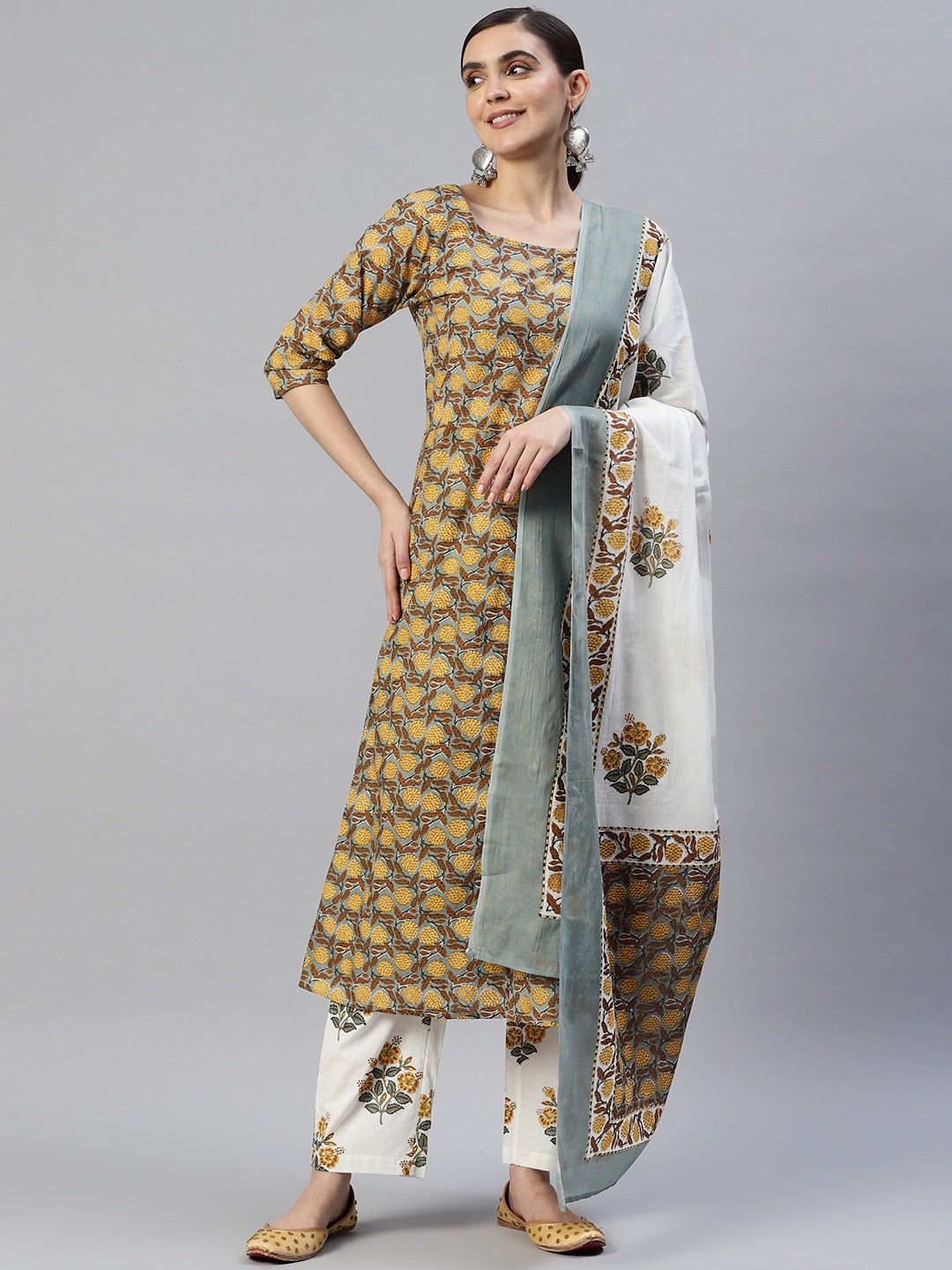 

Popnetic Women Green Floral Printed Angrakha Pure Cotton Kurta with Trousers & With Dupatta