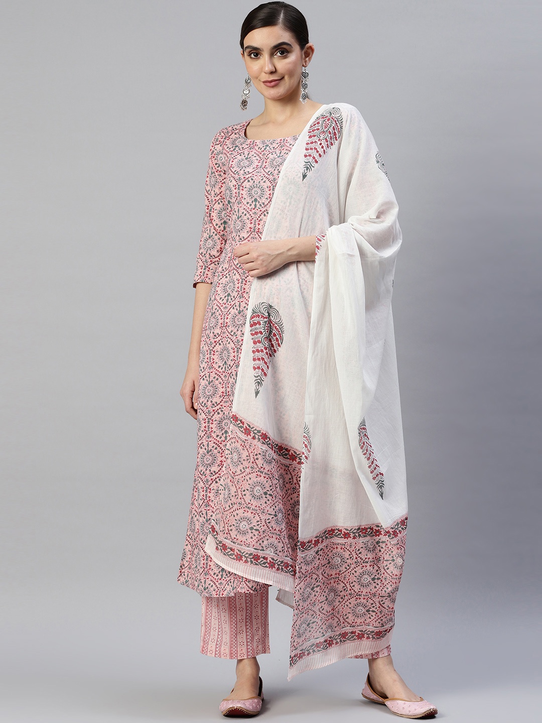

Popnetic Women Pink Ethnic Motifs Printed Pure Cotton Kurta with Trousers & With Dupatta