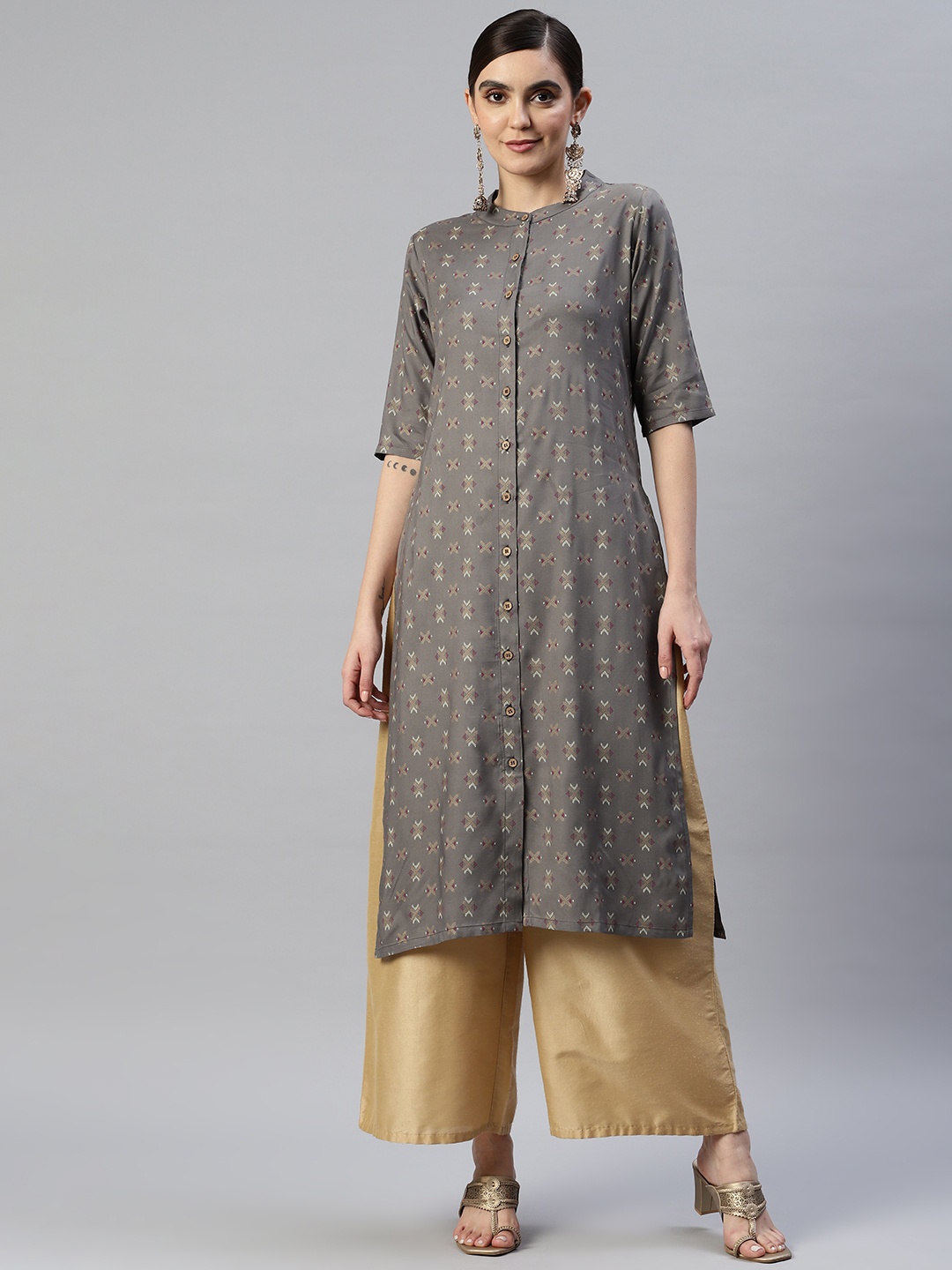 

Popnetic Geometric Printed Kurta, Grey