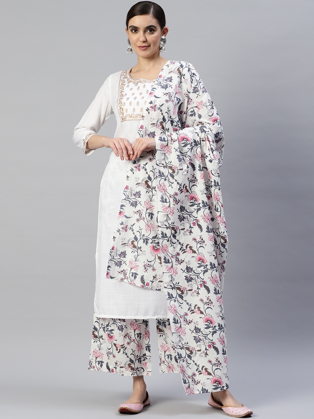 

Popnetic Women White Ethnic Motifs Yoke Design Kurta with Palazzos & With Dupatta