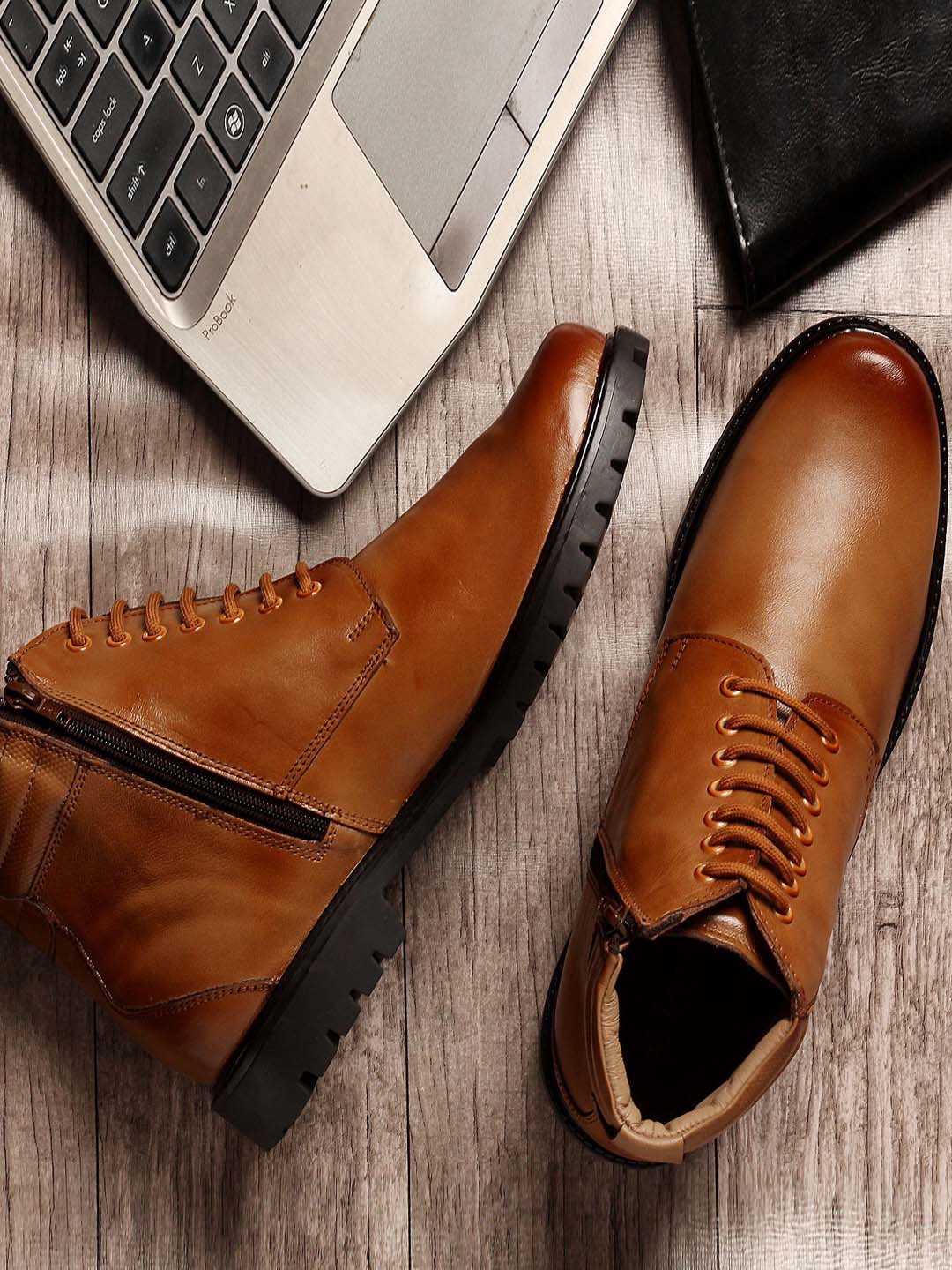 

MUTAQINOTI Men Leather Mid-Top Regular Boots, Tan