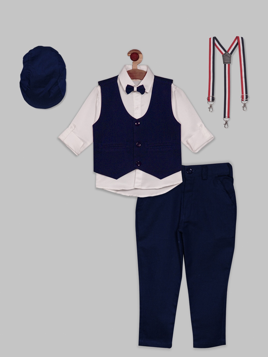 

RIKIDOOS Boys 6-Pieces Full Sleeves Shirt Waistcoat & Pant Set with Suspender Cap & Bow, White