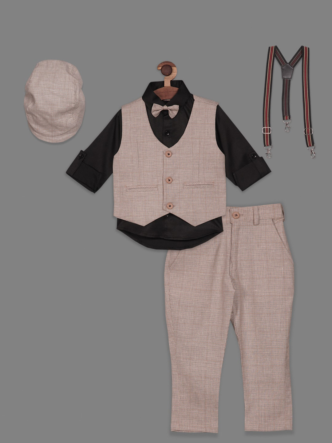 

RIKIDOOS Boys 6 Pieces Checked Shirt Waistcoat & Pant Set with Suspender Cap & Bow, Black