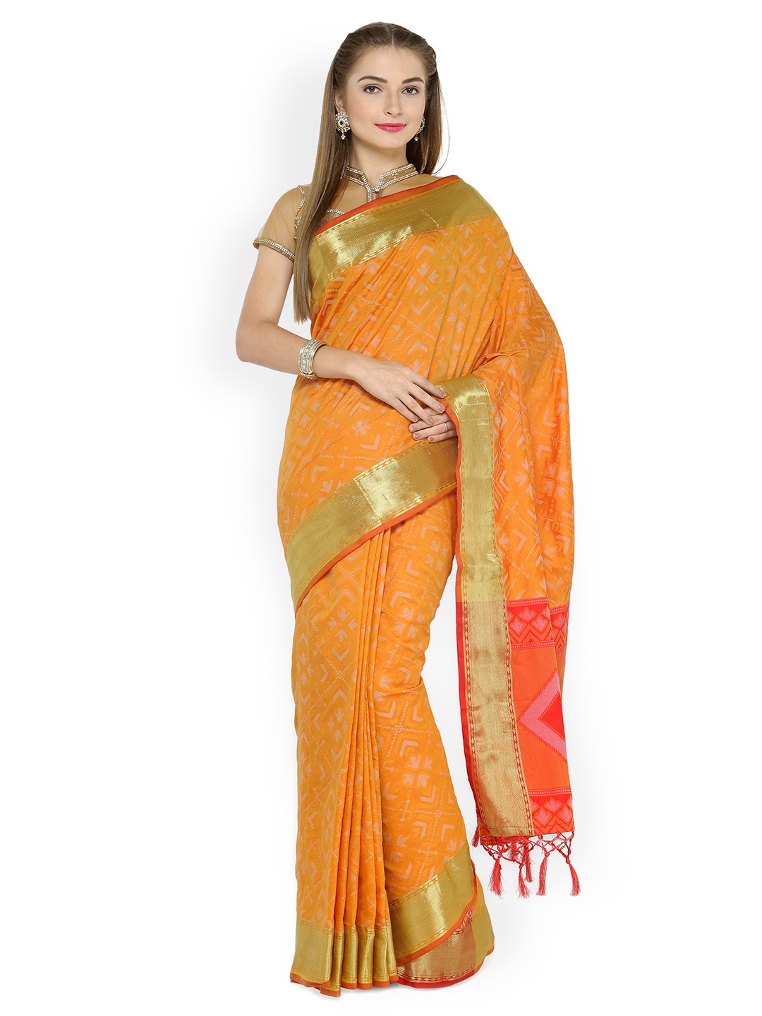 

Kvsfab Mustard Silk Cotton Woven Design Patola Saree