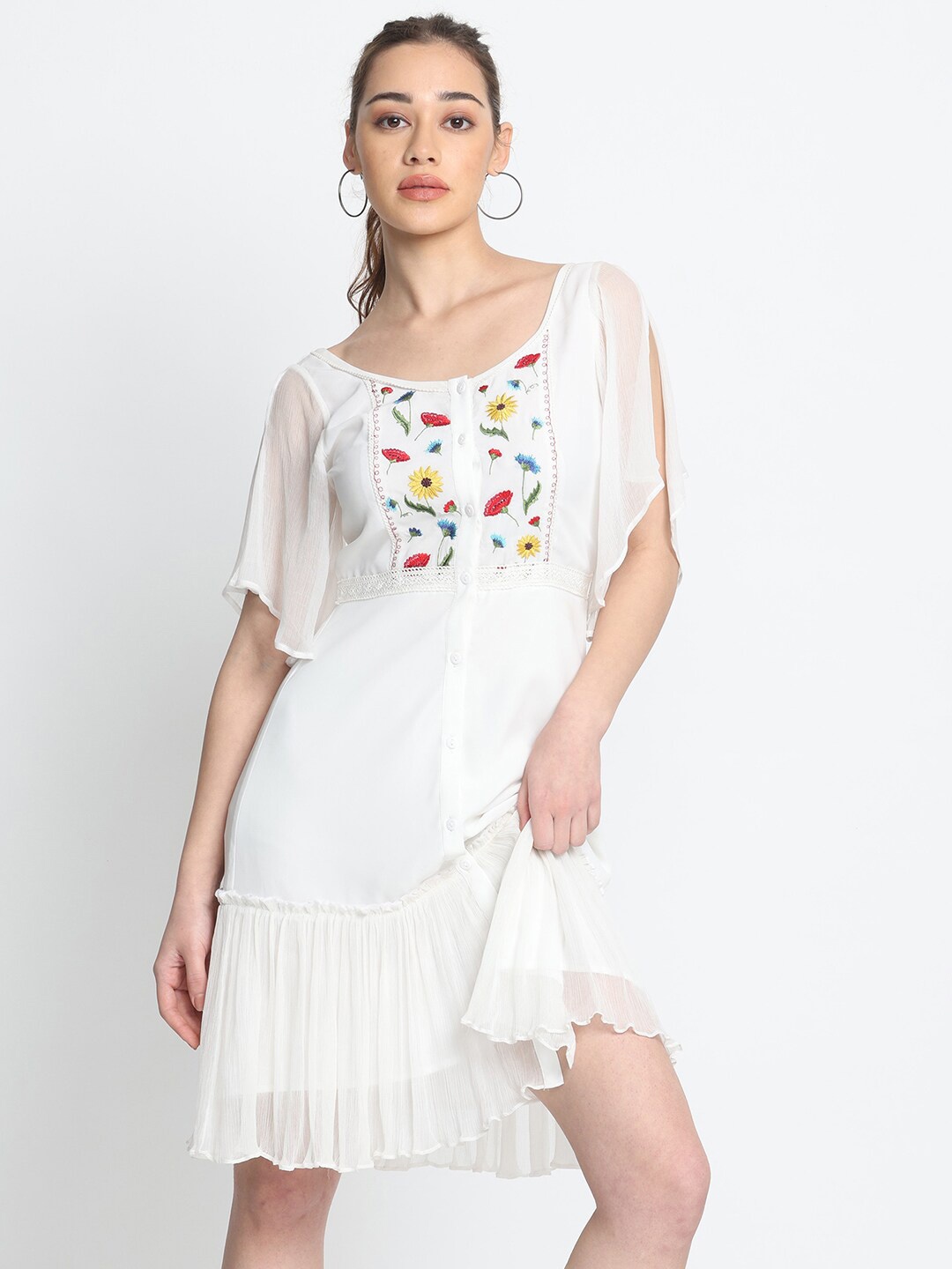SHAYE Off White Floral Tie-Up Neck Georgette A-Line Dress