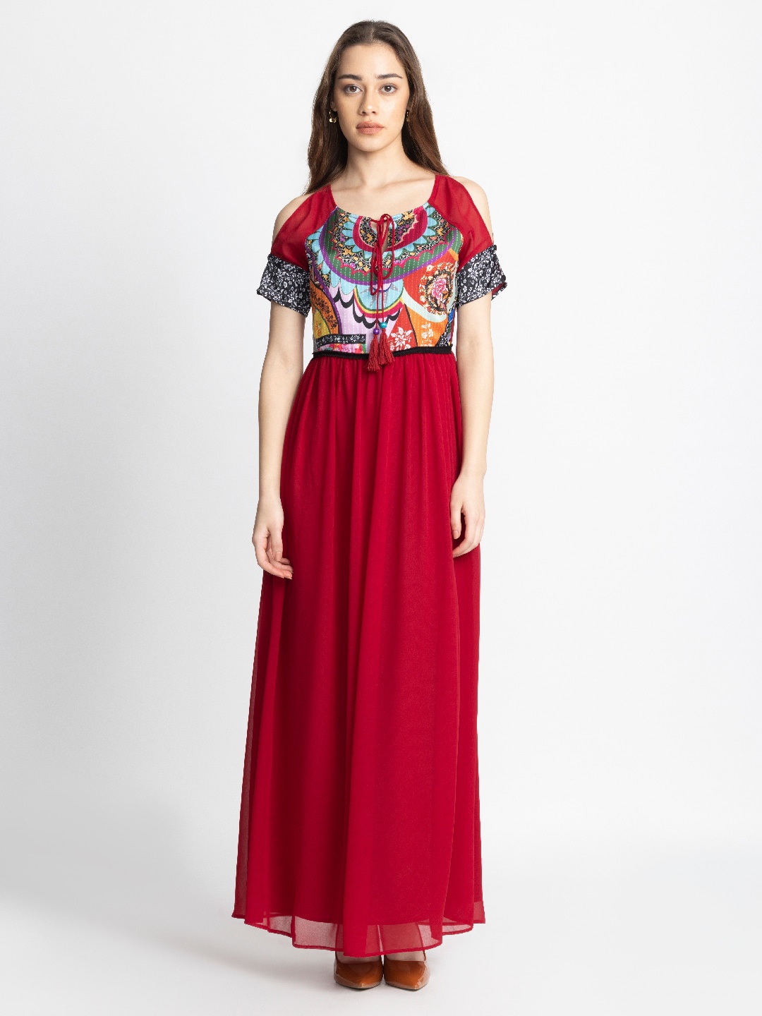 

SHAYE Tie-Up Neck Abstract Printed Georgette Maxi Gown Dress, Maroon